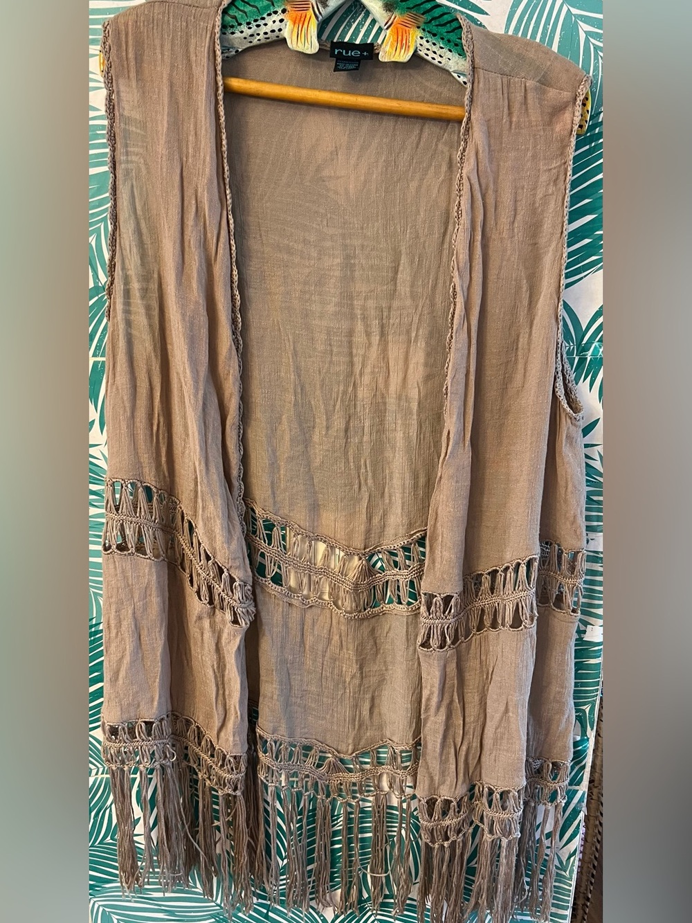 Rue21 Taupe Fringe Crochet Open-Front Vest Sz 1X bohemian vibes